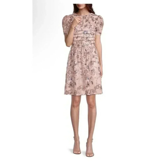 New Rachel Parcell Pink Sequin Tulle Embroidered Short Sleeve Dress Size 8 - Picture 2 of 13